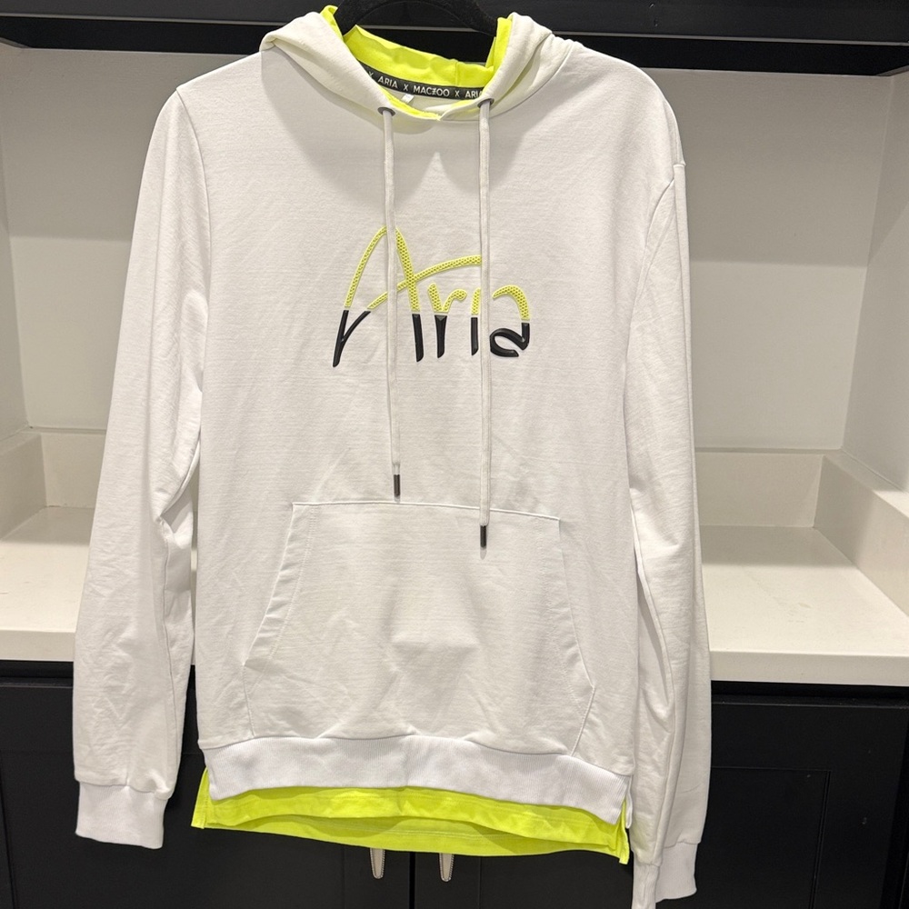 Aria Women’s Hoodie Sweater in White with fluorescent Yellow Accents. Size 2/S
